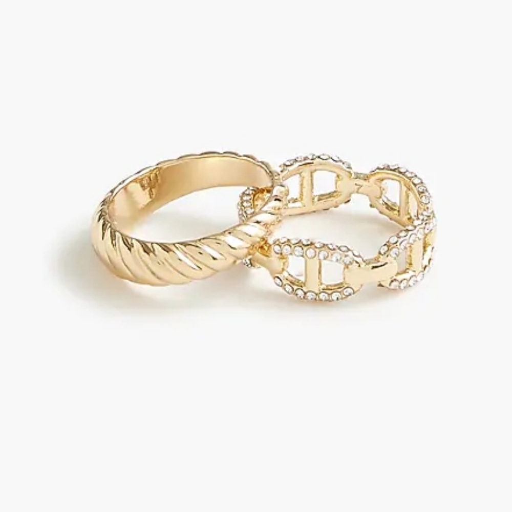 J.Crew Crystal Chain & Textured Band Rings Set, 7, Gold